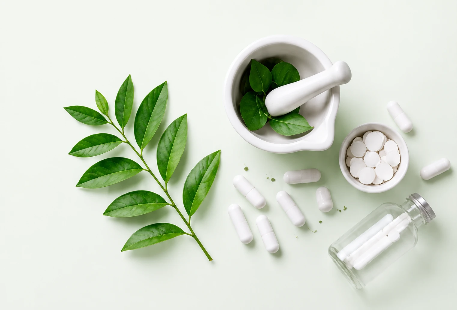 MediLeaf health blog featuring leaves, tablets and wellness products
