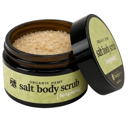 Organic Hemp Salt Body Scrub 250g open jar